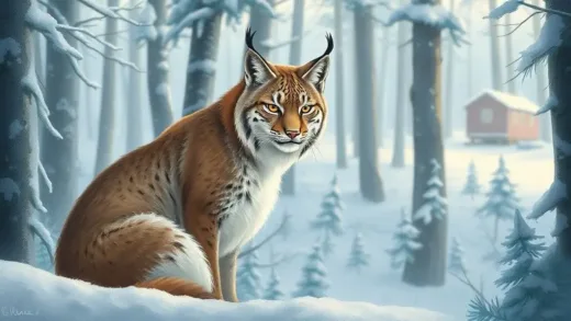 A beautiful, slightly melancholic illustration of a Canada lynx in a pristine, snowy forest, looking thoughtfully at the viewer, with a subtle hint of human development in the background.