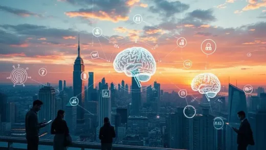 A dynamic, futuristic cityscape at sunset, with holographic projections of AI interfaces, data streams, and digital brains. People are engaging with various smart devices. The overall feel is fast-paced innovation and technological advancement.