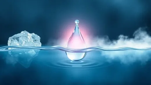 A captivating image showing the transition of water from ice to liquid to steam, with a subtle magical glow around the supercooled water droplet, implying a delay in freezing, in a visually appealing and scientific illustration style.
