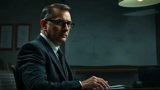 A determined prosecutor in a dimly lit office, looking at a complex web diagram connecting different organizations, with a strong sense of purpose. Film noir style, realistic, intense atmosphere.