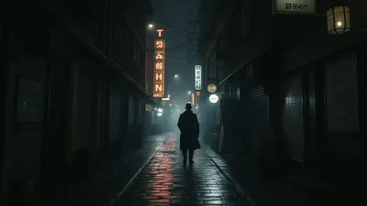 A dark, shadowy alley in 1940s Busan at night, with a lone, determined figure in a trench coat, rain on the cobblestones, neon signs glowing faintly, a sense of mystery and danger.