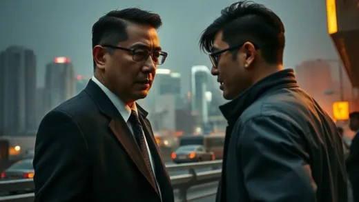 A dramatic scene of a prosecutor in a tense confrontation with a gang member in a gritty, urban setting, with the Busan cityscape in the background. Dynamic lighting, high contrast, cinematic style.
