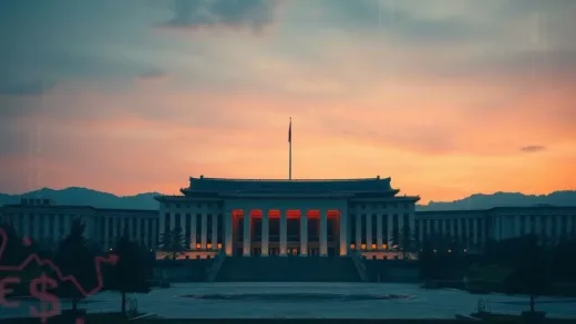 A dramatic, slightly tense image of the Gwanghwamun Government Complex at dusk, with abstract elements representing financial markets and fluctuating currency symbols, hinting at uncertainty and a crucial meeting.