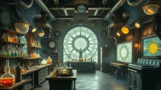 An ancient alchemist's workshop filled with bubbling beakers and mysterious symbols, subtly transitioning into a modern physics laboratory with particle accelerators and complex scientific equipment in a seamless, magical realism style.