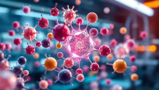 A microscopic view of various nanoparticles, showcasing their diverse shapes and vibrant colors, with a subtle glow representing their unique properties. The background is an abstract, futuristic scientific lab environment with data flowing around.