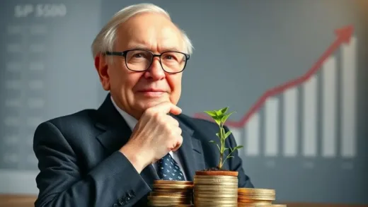 Warren Buffett in a thoughtful pose, a chart with S&P 500 growth in the background, a small plant growing from coins, symbolizing smart investment and growth. Focus on a friendly, approachable atmosphere.