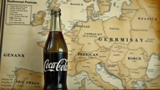 A vintage Coca-Cola bottle next to an old map of pre-WWII Germany, with a subtle hint of impending war in the background. Show the contrast between prosperity and the looming conflict.