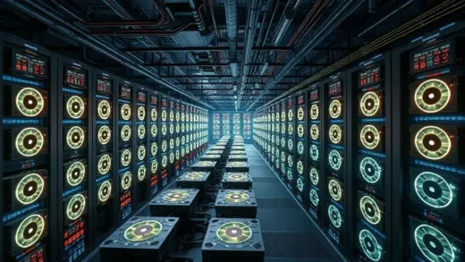 Thousands of glowing GPUs working simultaneously inside a massive, futuristic data center, with visible power cables and cooling systems. The scene should convey advanced technology and immense scale.