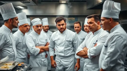 A dynamic scene in a modern, professional kitchen. Several chefs in white uniforms are looking at each other, some with determined expressions, others with slight worry. Steam rises from various cooking stations. High-energy, suspenseful atmosphere.