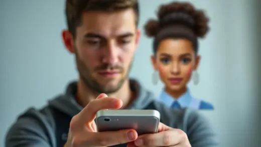 A blurry line between a real person and a digital avatar, symbolizing the blurring reality in the digital age. A person looking thoughtfully at a smartphone screen with both real and virtual figures.