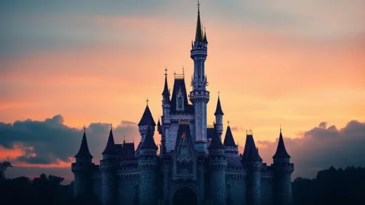 A dramatic image of a Disney castle silhouette merging with digital lines and AI elements, symbolizing a major shift in the entertainment industry. The sky is a gradient of sunrise colors, suggesting a new era.