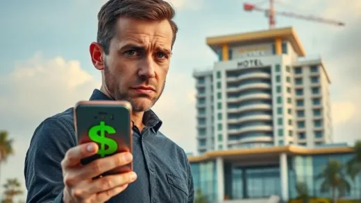 A person looking confused and angry at a smartphone with a dollar sign on the screen, while in the background, a luxurious building with "AI Company" and "Hotel" signs is being built.