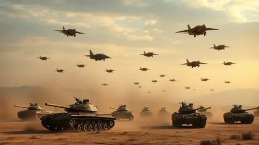 A dramatic depiction of a modern military conflict in a desert setting, with advanced aircraft in the sky and tanks on the ground, hinting at the power of the United States.