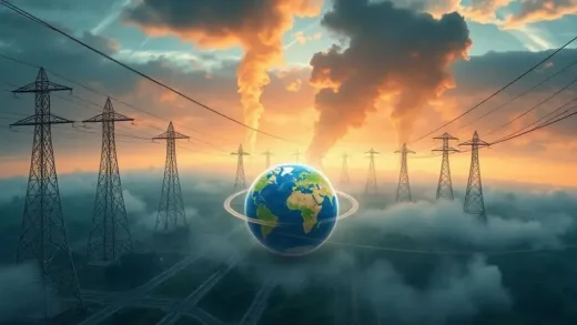 A futuristic data center on Earth with power lines stretching to the horizon and steam rising, looking stressed and overwhelmed, with a small world icon showing power consumption statistics. Emphasize the strain on Earth's resources.