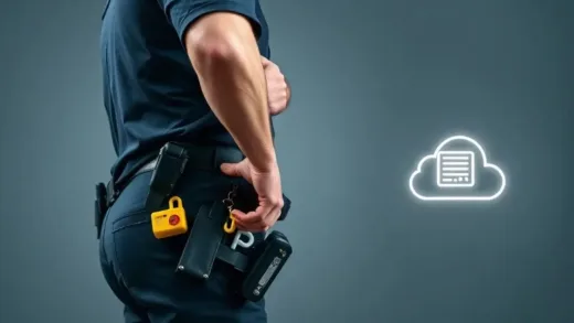 A police officer in a tense standoff, reaching for a yellow taser gun on their hip, with a modern, secure cloud server icon subtly integrated in the background, suggesting data transfer.