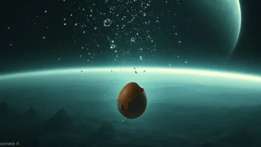 A dramatic depiction of diamond hail falling through the thick atmosphere of Uranus, with a subtle hint of green methane gas and a dark, alien landscape below. In the foreground, a broken egg emitting a foul-smelling gas floats in the vacuum.