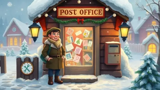 A magical post office in a snowy North Pole village, with a warm glow inside. Children's colorful drawing letters are flying in through the windows. A kind-looking man with a gentle smile is standing at the entrance. The scene evokes a sense of wonder and Christmas spirit.