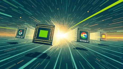 A dynamic illustration of a race between various AI chips, symbolizing the intense competition in the AI inference market. Nvidia's logo is prominent, subtly hinting at a strategic move against Google TPU, with a focus on speed and innovation.