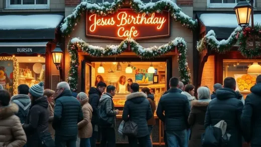 A bustling cafe entrance with people queuing in a snowy, festive street, warm lights, and hints of Christmas decorations, a subtle sign saying "Jesus Birthday Cafe" in the background.