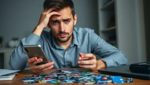 A person looking confused and frustrated at an empty bank account notification on a smartphone, with credit cards scattered around a desk, symbolizing the hidden traps of credit card spending. The setting is a modern, slightly dim room.