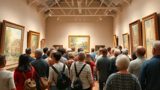 A vibrant, lively scene inside a local cultural center, with diverse groups of people, including families and seniors, enthusiastically viewing famous impressionist paintings and modern art. The atmosphere is warm and inviting, showing accessible art for everyone.