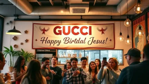 A vibrant, trendy cafe interior with a 'GUCCI' inspired theme, featuring subtle Christian symbols. People are happily taking photos. The atmosphere is warm and inviting. Text on a banner says 'Happy Birthday Jesus!' in a stylish font. Focus on a blend of modern cafe aesthetics and subtle spiritual elements.
