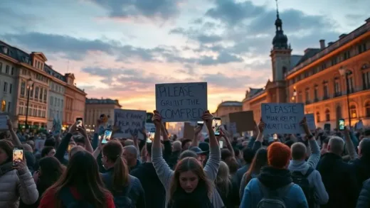 A powerful image of young people protesting in a city square at dusk, holding up signs with glow from phone screens, dynamic and energetic, with a sense of unity and determination.