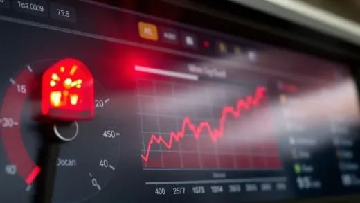 A red warning light flashing on a financial dashboard, with a graph showing a rising currency exchange rate (Won-Dollar). In the background, government officials are making an announcement.