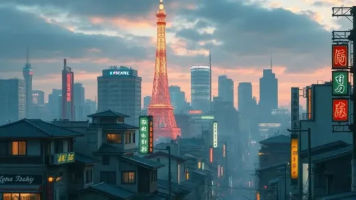 A futuristic Tokyo cityscape with traditional elements, contrasting stagnant economy with high quality of life. Show a blend of old and new architecture, with neon signs and a sense of calm rather than bustling.