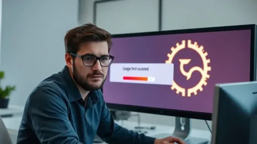 A person looking frustrated at a computer screen showing a "usage limit exceeded" message, with a glowing Gemini logo in the background, symbolizing the frustration of hitting AI limits. The setting is a modern, clean home office.