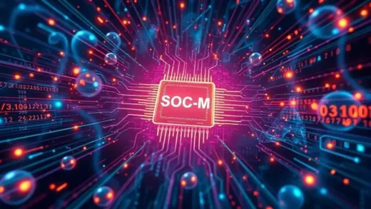 A dynamic and futuristic scene depicting data flowing through a complex network, with a glowing 'SOC-M' chip at the center, hinting at a new era of AI and investment, vibrant colors, digital art, high resolution.