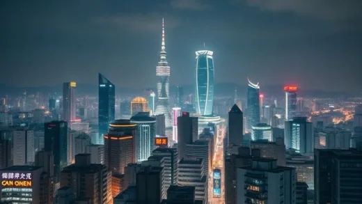 A dynamic shot of a bustling South Korean city skyline at night, with subtle glowing credit card outlines integrated into the buildings. The overall mood is prosperous but with a hint of underlying tension or challenge, representing the paradox of the credit card market. Neon signs are visible, and some elements suggest digital payments.