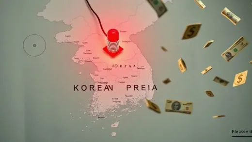 A distressed South Korean map with a flickering red warning light, currency symbols falling, showing economic turmoil and uncertainty.