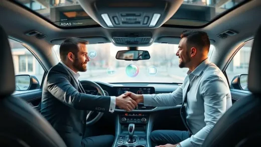Three business people shaking hands in a futuristic car interior, digital interfaces showing ADAS data, focus on innovation and partnership.