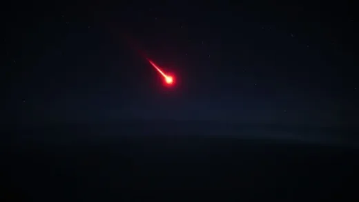 A small asteroid, glowing red, streaking through the dark night sky over the Philippines, with a sense of urgency and wonder. The sky is filled with stars, and a faint outline of the Earth's surface can be seen below.