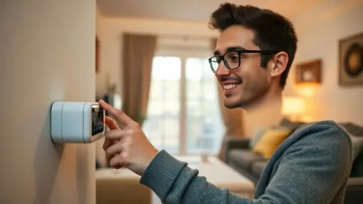 A person happily looking at a digital thermostat, with a warm, cozy living room in the background, showing efficient heating and comfort. There are no elements of coding or AI in the image, as this is a general intro for boiler tips.