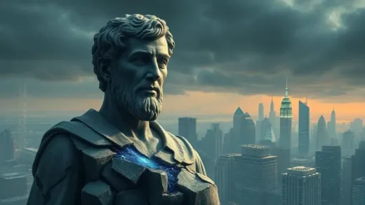 A dramatic illustration of a crumbling statue of Sam Altman, with cracks revealing circuits and data streams underneath. In the background, a digital cityscape with advanced AI infrastructure. The mood is mysterious and thought-provoking.