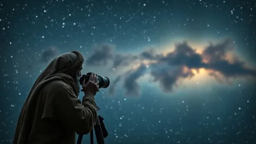 An ancient astronomer looking through a primitive telescope at a blurry nebula in a star-filled night sky, conveying a sense of mystery and wonder. The nebula is a prominent, hazy cloud.