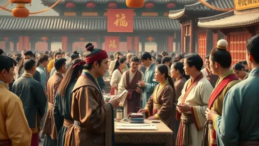 An ancient Chinese job fair during the Three Kingdoms period, with people in traditional attire discussing and networking, no written exams, perhaps a few influential figures observing, vibrant and busy scene, historical accuracy, warm lighting.