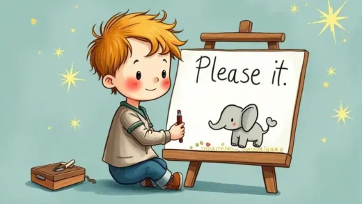 A whimsical illustration of a child drawing an imaginary friend, surrounded by sparkling creative energy. The drawing board shows a partially drawn bread-cat and an elephant.