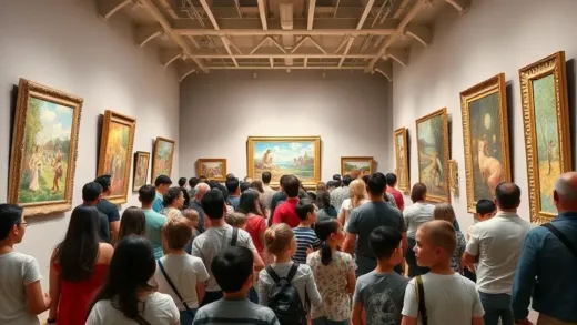 A vibrant art exhibition hall filled with diverse visitors of all ages enthusiastically admiring famous Impressionist paintings, focusing on the joyful and engaged atmosphere.