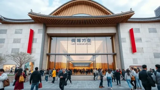 A grand, modern art museum entrance in a vibrant city, with diverse people excitedly entering. The architecture is a blend of traditional Korean elements and contemporary design, showcasing a cultural hub.
