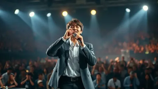 Lim Young-woong, dressed smartly, singing passionately on a large stage under dramatic spotlights, with an enthusiastic crowd in the blurred background. The atmosphere is electric and emotional.
