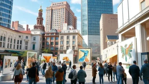 A vibrant cultural art center in a modern city, with people admiring large art installations, blending traditional and contemporary architecture, bright and inviting atmosphere, day time, wide shot.
