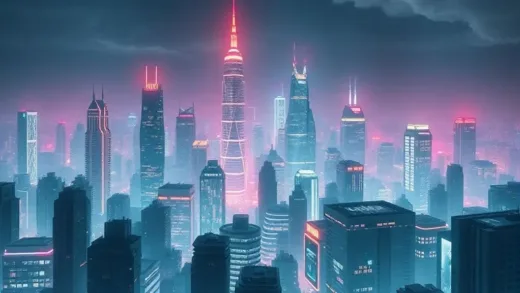 A futuristic cityscape with glowing neon lights, abstract representations of individuals thriving independently, a subtle hint of digital data flows, symbolizing societal shifts towards single-person households and changing social norms. The overall mood is modern and slightly mysterious.