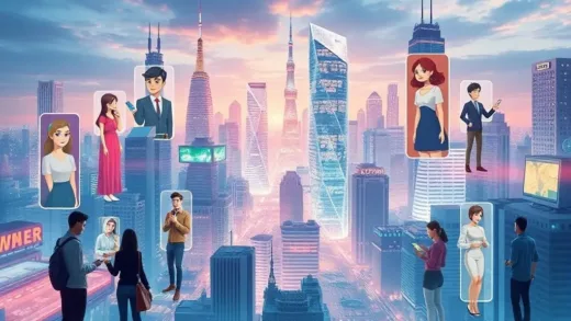 A vibrant, futuristic cityscape with various AI character chat interfaces overlaid, showing diverse users interacting with their digital companions. The overall mood is exciting and innovative, highlighting the "AI character chat" trend. Focus on user engagement and the digital interaction.