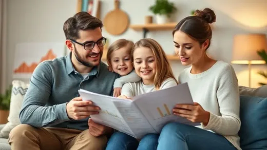 A family looking at a household budget, with charts and graphs symbolizing economic concepts subtly in the background, warm and inviting atmosphere.