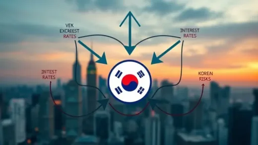 A complex diagram showing intertwining arrows representing exchange rates, interest rates, and geopolitical risks, with the Korean won symbol at the center looking vulnerable. The background is a blurry global financial cityscape at dusk.