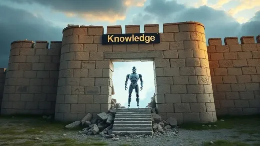 An ancient fortress wall labeled "Knowledge" crumbling, with a bright, futuristic AI robot emerging from behind it, symbolizing the end of traditional legal knowledge monopolies. The scene should be dynamic and visually striking.