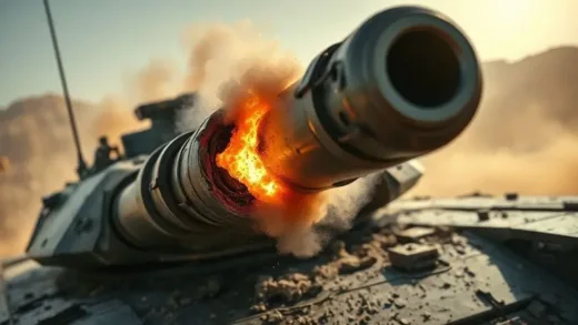 A dramatic close-up shot of a modern battle tank's main gun barrel, severely damaged and ruptured, with smoke faintly rising from the explosion site. The background shows a dusty, rocky combat zone under a harsh sun. The tank's exterior is scarred and debris is scattered.